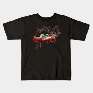 Enigmatic Escargots: Spooky Art Print Featuring Red Snail Donning Raven Skull Shell Kids T-Shirt